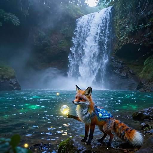Mystical Moonlit Waterfall and Fox