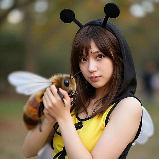 Young Asian woman in bee costume with black hood, antennae, and wings, holding a realistic bee, outdoors in a park. Photographic image.