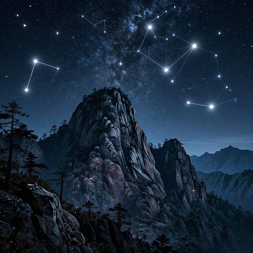 Photographic-style digital artwork of a rocky mountain under a starry night sky with visible constellations, surrounded by dark silhouetted trees.
