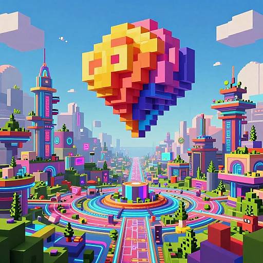 Pixel art of a vibrant futuristic city with colorful buildings, a central roundabout, and a large, rainbow-colored floating cube in the sky. Bright blue