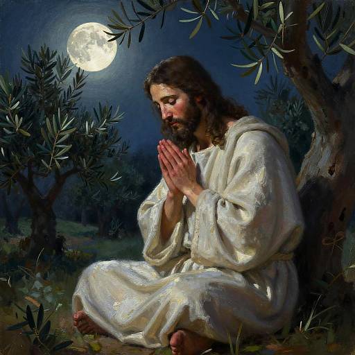 Jesus Praying in Moonlit Olive Garden
