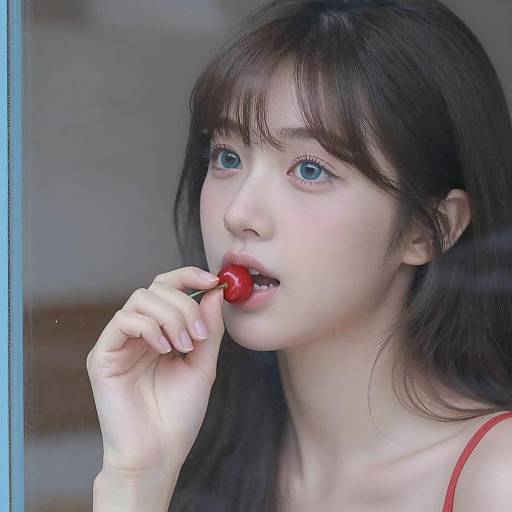 Young Woman Eating Cherry by Glass Window