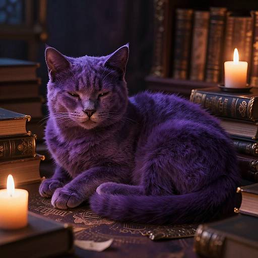 Mystical Purple Cat in Enchanted Library