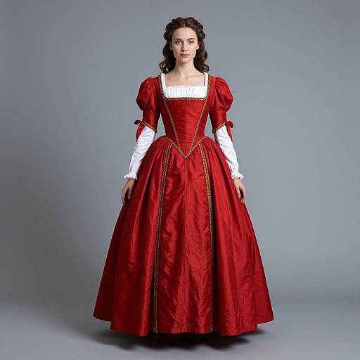 Photograph of a pale-skinned woman with dark curly hair, wearing a red, Victorian-style gown with white sleeves and gold trim, standing against a