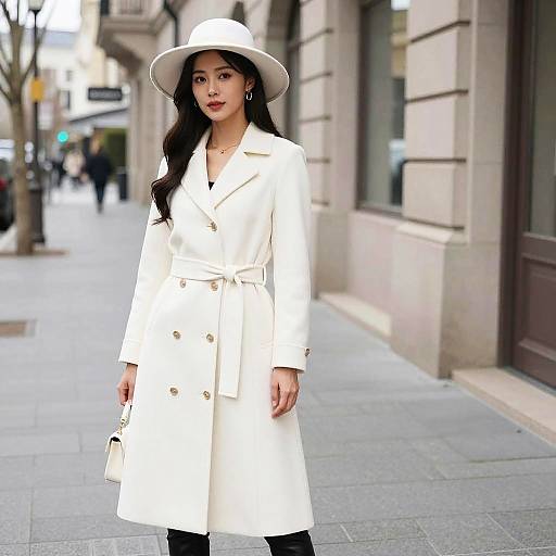 Woman in Elegant White Coat and Hat
