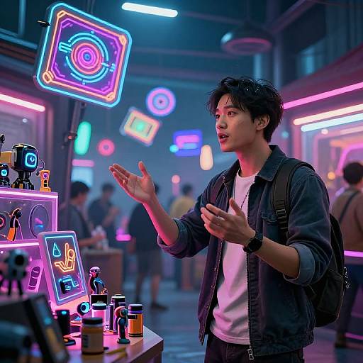 Neon-lit street scene: young Asian man in denim jacket, white tee, and backpack, gestures at glowing neon signs above a colorful, futuristic