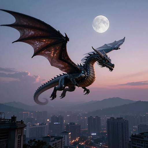 Photograph of a detailed, black dragon with red-tinged wings soaring above a cityscape at dusk, under a full moon. City lights and