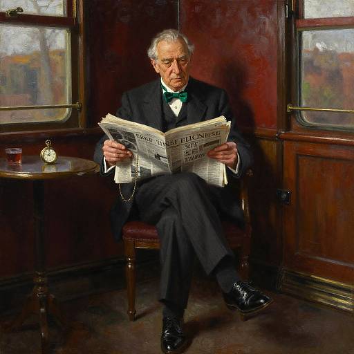 Elderly man with white hair, black suit, green bow tie, reading 