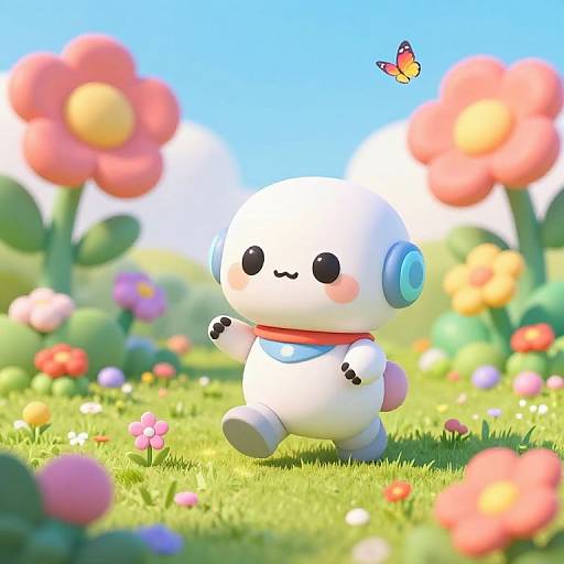 Cute white cartoon robot with blue headphones and red collar, running in vibrant, colorful flower field, with a butterfly flying nearby.