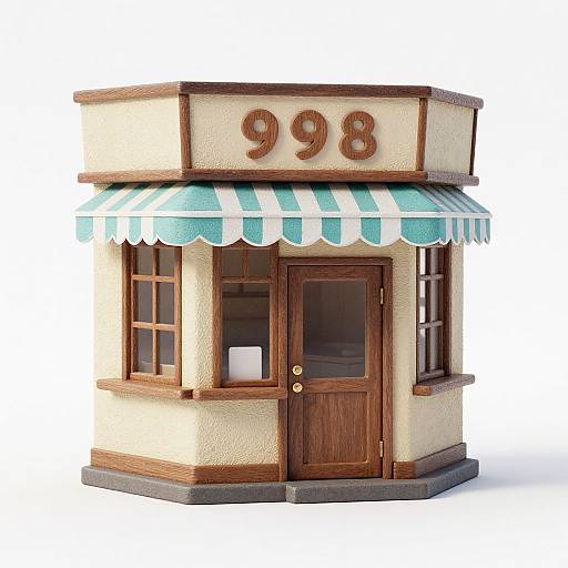 3D digital rendering of a quaint, cream-colored storefront with a blue and white striped awning, brown wooden door, and 