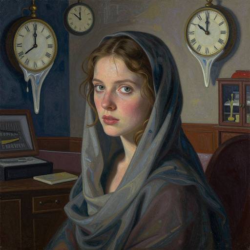 Digital painting of a young woman with fair skin and blue eyes, wearing a grey headscarf, in a dimly lit room with two wall-mounted