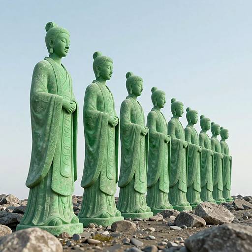 Photograph of a row of green, stone statues of serene Asian women in traditional robes, standing on a rocky surface against a clear blue sky.