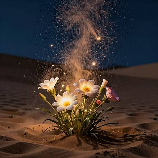 Photograph of glowing white flowers with sparks and fireflies in a dark desert night, illuminated by the flowers' light, with dunes in the background