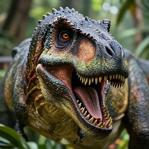 Photorealistic digital artwork of a roaring, green-scaled dinosaur with orange-brown facial markings, sharp teeth, and textured skin in a lush,