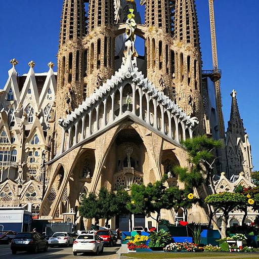 Photograph of Barcelona's Sagrada Família with its towering Gothic spires, intricate arches, and vibrant flower beds under a clear blue sky.
