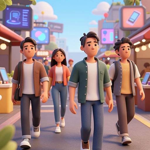 Digital illustration of four young, stylized Asian men and women walking on a neon-lit, bustling city street at sunset.