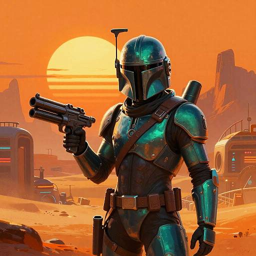Digital art of a Mandalorian-style armored figure with a helmet, holding a dual blaster, against a vivid orange sunset desert landscape with futuristic structures.