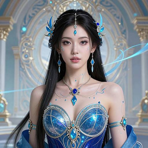 Digital art of an ethereal Asian woman with long black hair, wearing a blue and gold ornate dress and crown, set against a luxurious, circular