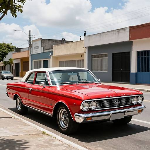Photograph of a vibrant red 1960s vintage car with a white roof, parked on a sunny urban street, surrounded by pastel-colored buildings