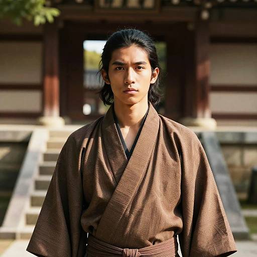 Photograph of a serious young Asian man with long black hair, wearing a brown kimono, standing in front of traditional Japanese wooden stairs and building.