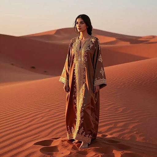 Photograph of a woman with long dark hair in an ornate brown traditional dress standing in a sunlit, red-orange desert with rippled sand d