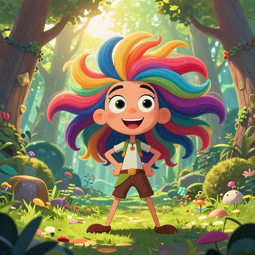 Colorful cartoon boy with rainbow hair stands confidently in a sunlit, lush forest, wearing a white shirt, brown shorts, and green vest.
