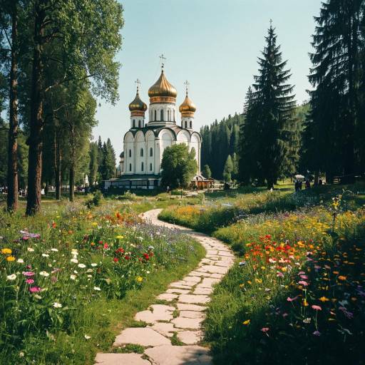 Russian Orthodox Cathedral in Meadow Landscape