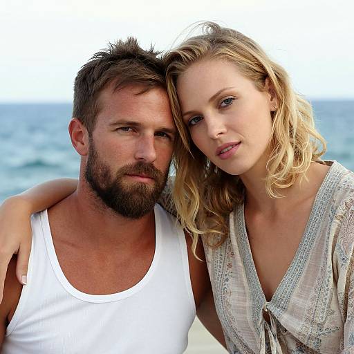 Photograph of a bearded man in a white tank top and a blonde woman in a patterned blouse, leaning close at the beach.