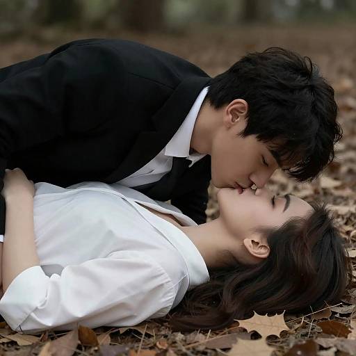 Passionate Forest Kiss Among Autumn Leaves
