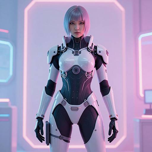 CGI image of a futuristic female android with silver bob haircut, white and black armor, neon-lit background, standing confidently.