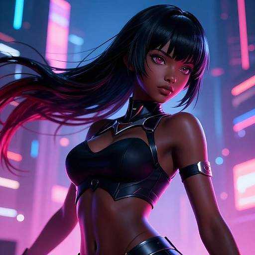Digital art of a dark-skinned, anime-style woman with black hair, neon-lit city background, wearing a black, futuristic crop top and arm