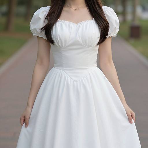 Photograph of a woman wearing a white, puffed-sleeve, Victorian-style dress with a gathered waist, standing on a blurred, tree-lined