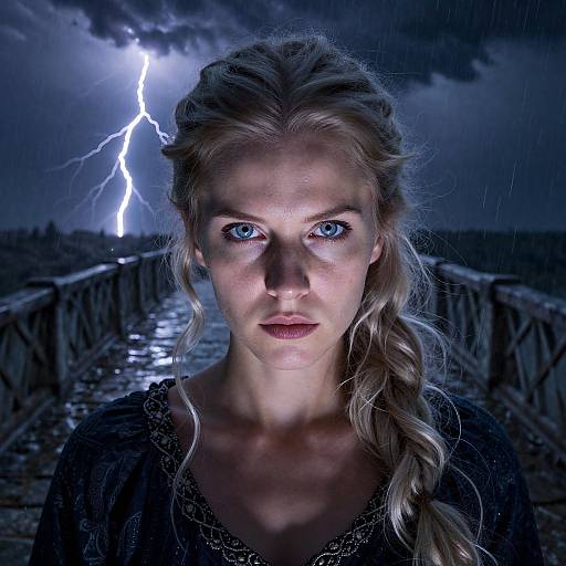 Photograph of a blonde woman with intense blue eyes, braided hair, dark medieval dress, under a stormy night sky with lightning.