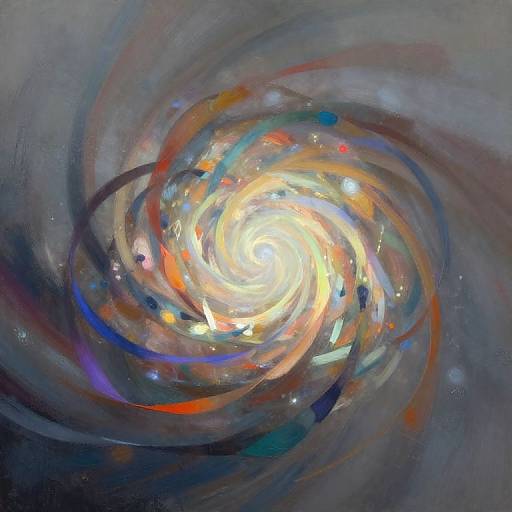 Abstract digital painting of a swirling galaxy with vibrant colors, including reds, blues, and oranges, forming a bright, glowing core.