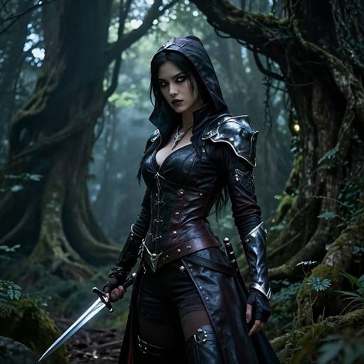 Dark-haired warrior woman in metallic armor and hood, holding a sword, stands in a misty, dense forest with towering trees. Digital art.