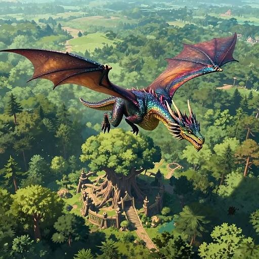 CGI dragon soaring above a lush, green forest with a quaint, wooden village below. The dragon has iridescent scales and large, red membrane