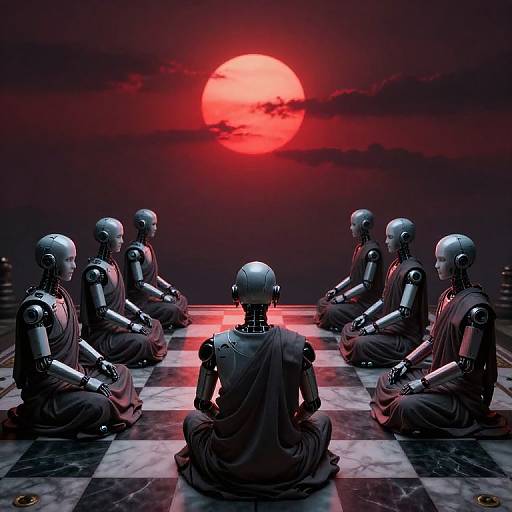 Digital art: Nine robotic monks seated in a black-and-white checkered room, facing a glowing red sun in a dark sky.
