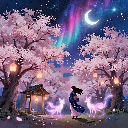 Digital illustration of a woman in a blue kimono, standing under cherry blossom trees with glowing lanterns, surrounded by ethereal pink foxes, under