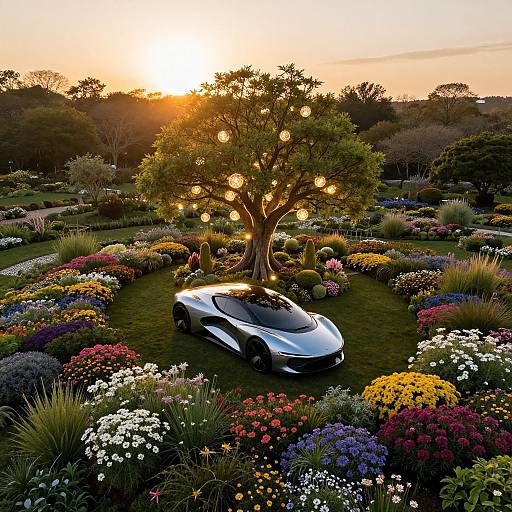 Photograph of a sleek, black sports car parked under a glowing, fairy-lit tree in a vibrant, colorful garden at sunset.