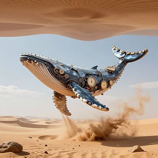 CGI image of a mechanical, blue whale with intricate gears and metallic parts soaring above a sandy desert with dunes and sand clouds.