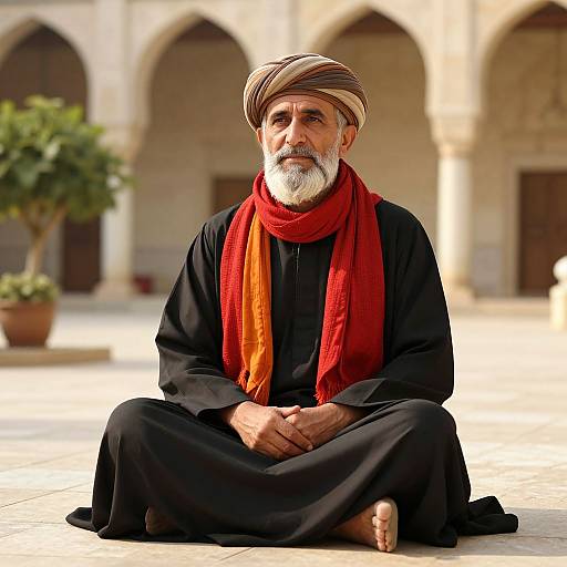 Photograph of an elderly Caucasian man with a white beard, wearing a black robe, red-orange scarf, and striped turban, sitting cross-legged in