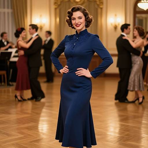 Vintage-style photograph of a smiling woman in a navy blue, long-sleeved, high-neck dress, standing confidently in a luxurious ballroom with elegant