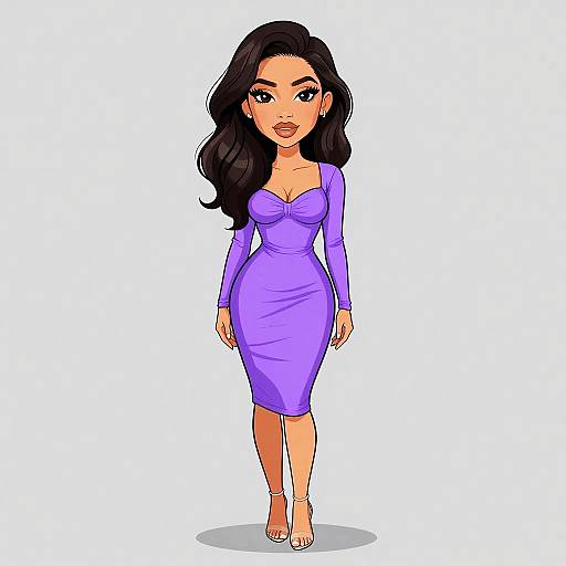 Digital cartoon of a curvy woman with long black hair, wearing a form-fitting purple dress and white heels, standing against a white background.