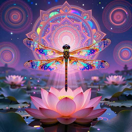 Psychedelic Dragonfly in Neon Lotus Pond