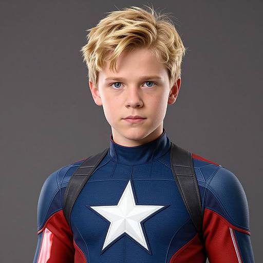 Photograph of a young Caucasian boy with blonde hair, blue eyes, and fair skin, wearing a blue and red superhero costume with a white star on