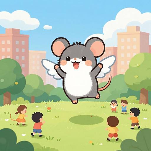 Cute digital cartoon: chubby gray-and-white mouse with wings joyfully leaps over smiling children playing in a vibrant, sunny park with colorful buildings and green