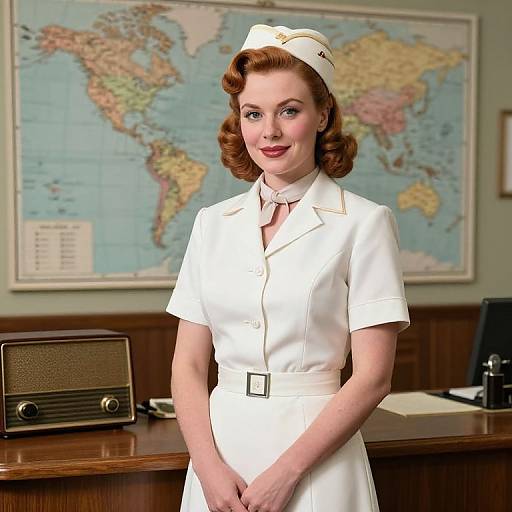 Vintage-style photograph of a red-haired woman in a white 1940s flight attendant uniform, standing in an office with a world map and vintage radio