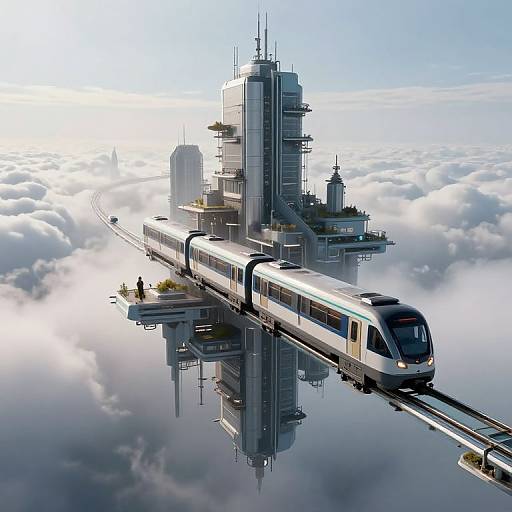Digital illustration of a futuristic, elevated train station floating above a cloudy sky, with sleek, modern trains and reflective surfaces.