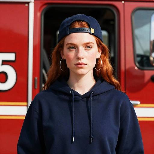 Young Woman by Red Fire Truck