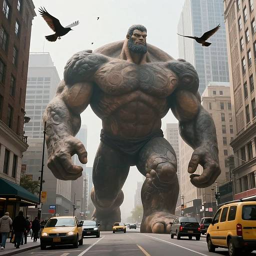 CGI image of a massive, muscular, tattooed, bearded man with gray skin towering over a busy city street, cars, and pedestrians.